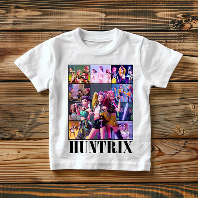 K-Pop Demon Hunters t-shirt featuring Huntrix pop group in eras layout