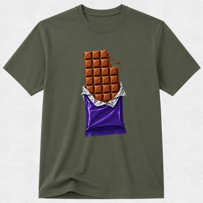 An olive green short-sleeve t-shirt featuring a graphic print of a chocolate bar partially unwrapped in purple foil, displayed on a light gray textured background.