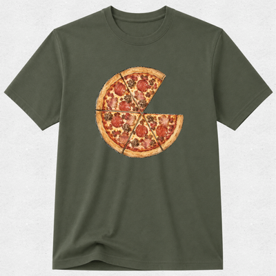 An olive green short-sleeve crewneck t-shirt featuring a graphic of a pepperoni pizza with one slice missing, displayed on a light gray textured background.