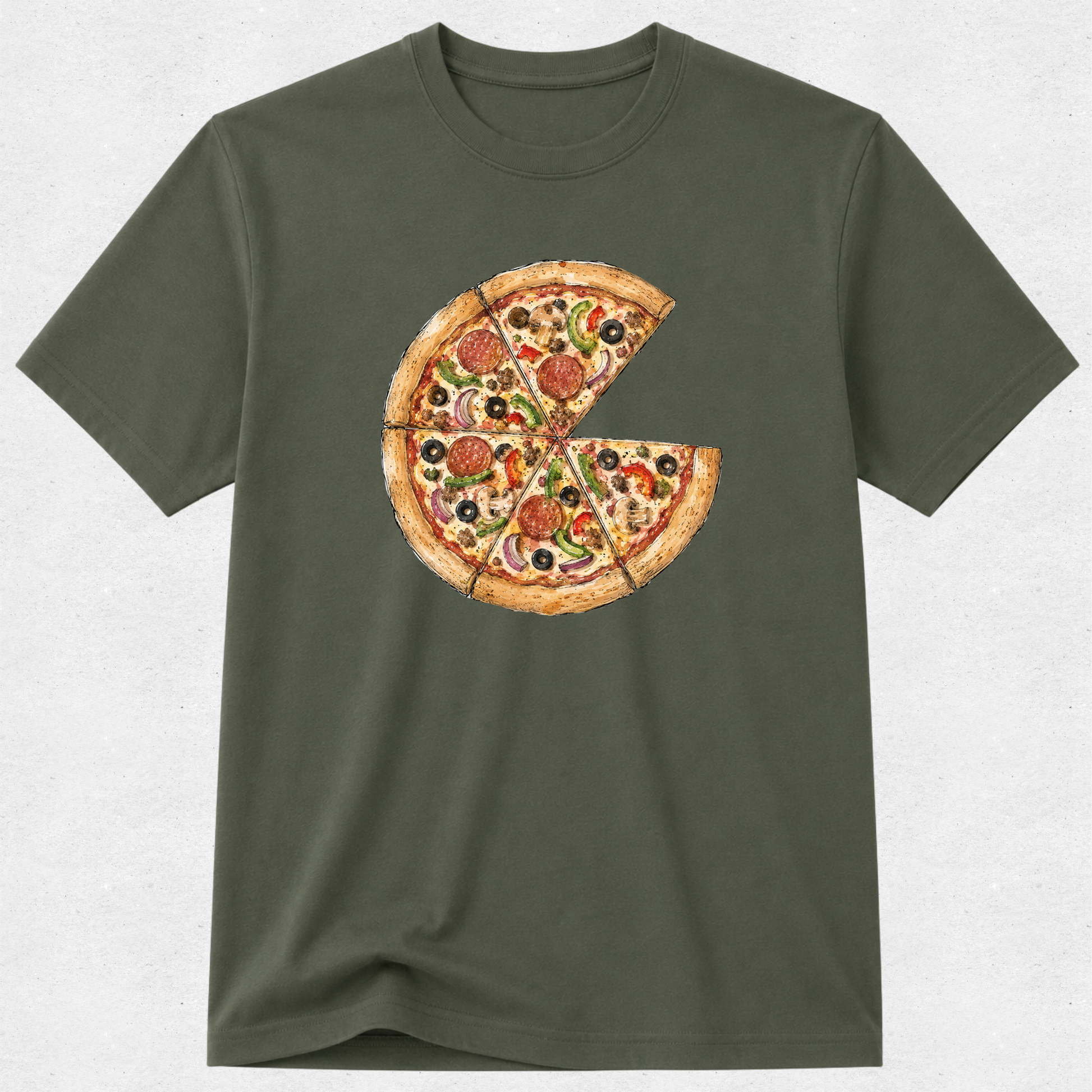 An olive green short-sleeve crewneck t-shirt featuring a graphic print of a pizza with one slice missing, displayed on a light gray textured background.