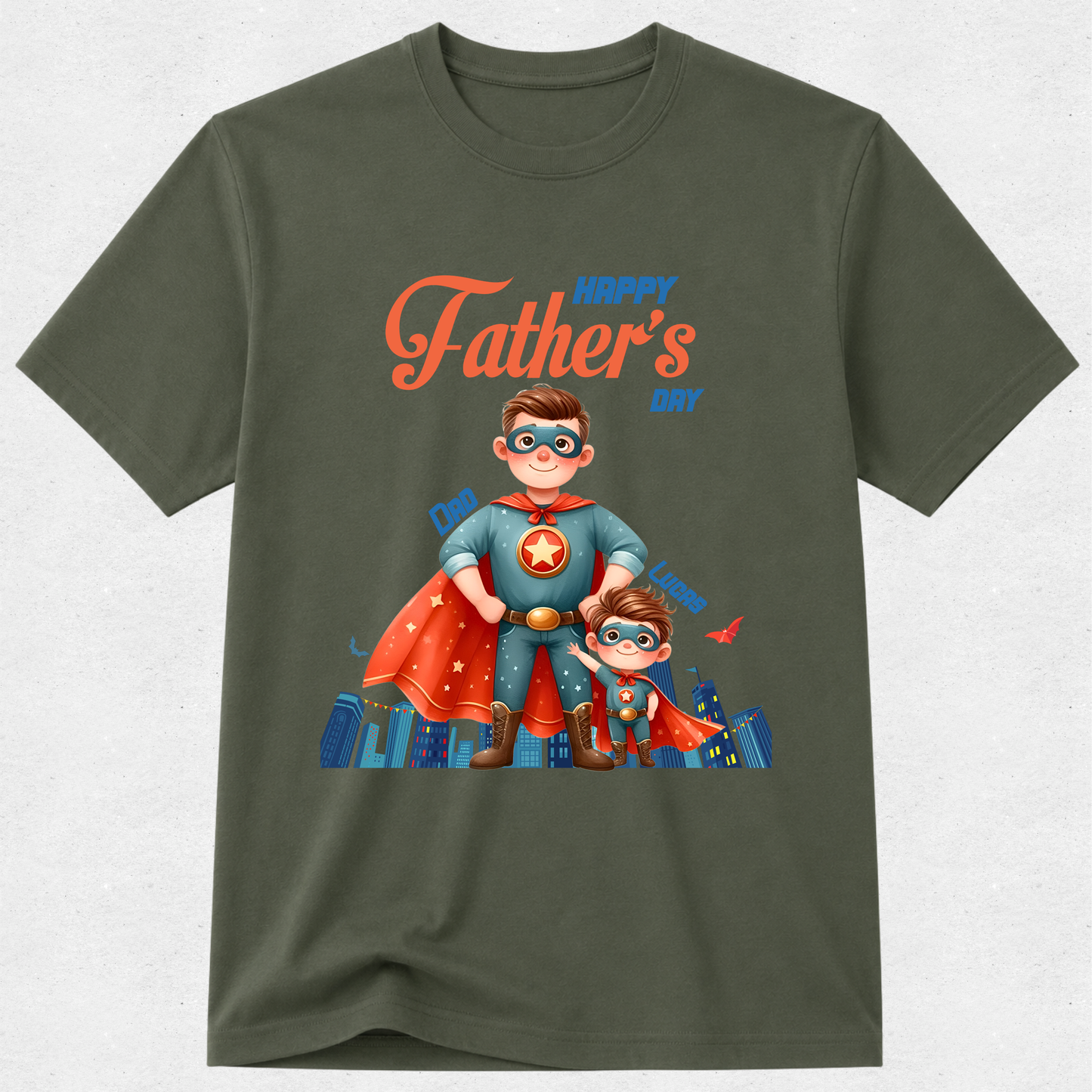 An olive green short-sleeve t-shirt with a colorful graphic on the front featuring cartoon superheroes and the text 'Happy Father's Day'.