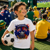 Young boy with Australian flag paint holding a soccer ball at a sports event.