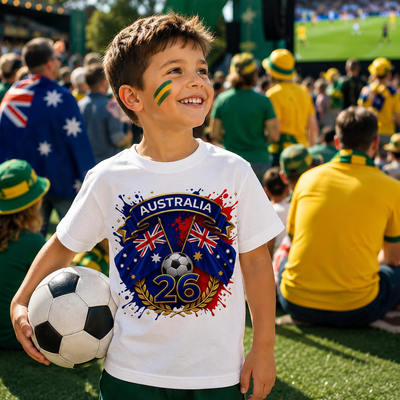 Young boy with Australian flag paint holding a soccer ball at a sports event.