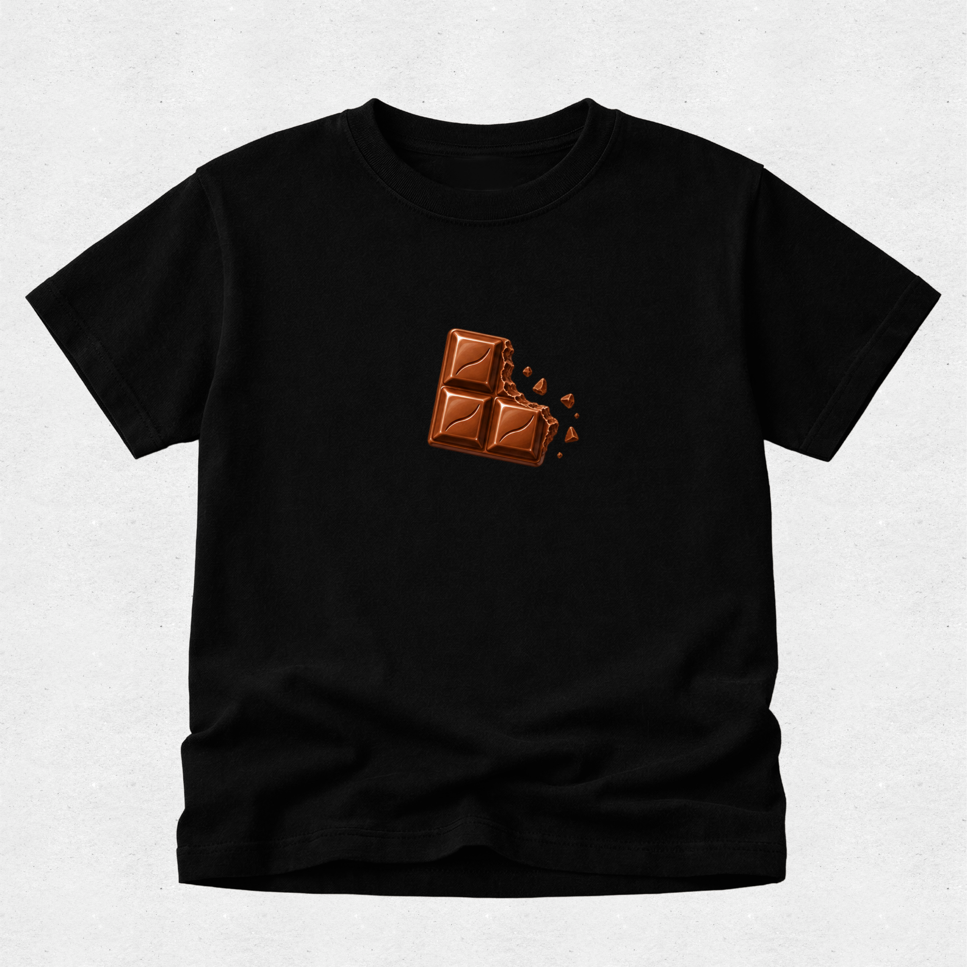 A black short-sleeve crewneck t-shirt featuring a graphic of a broken chocolate bar on the center chest, displayed flat against a light gray textured background.