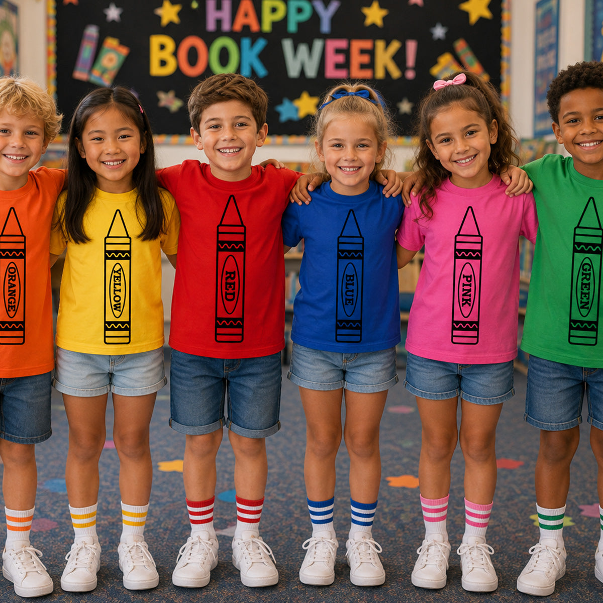 Six children standing together in a classroom wearing colorful crayon-print t-shirts in orange, yellow, red, blue, pink, and green. Behind them is a colorful 'Happy Book Week!' chalkboard.
