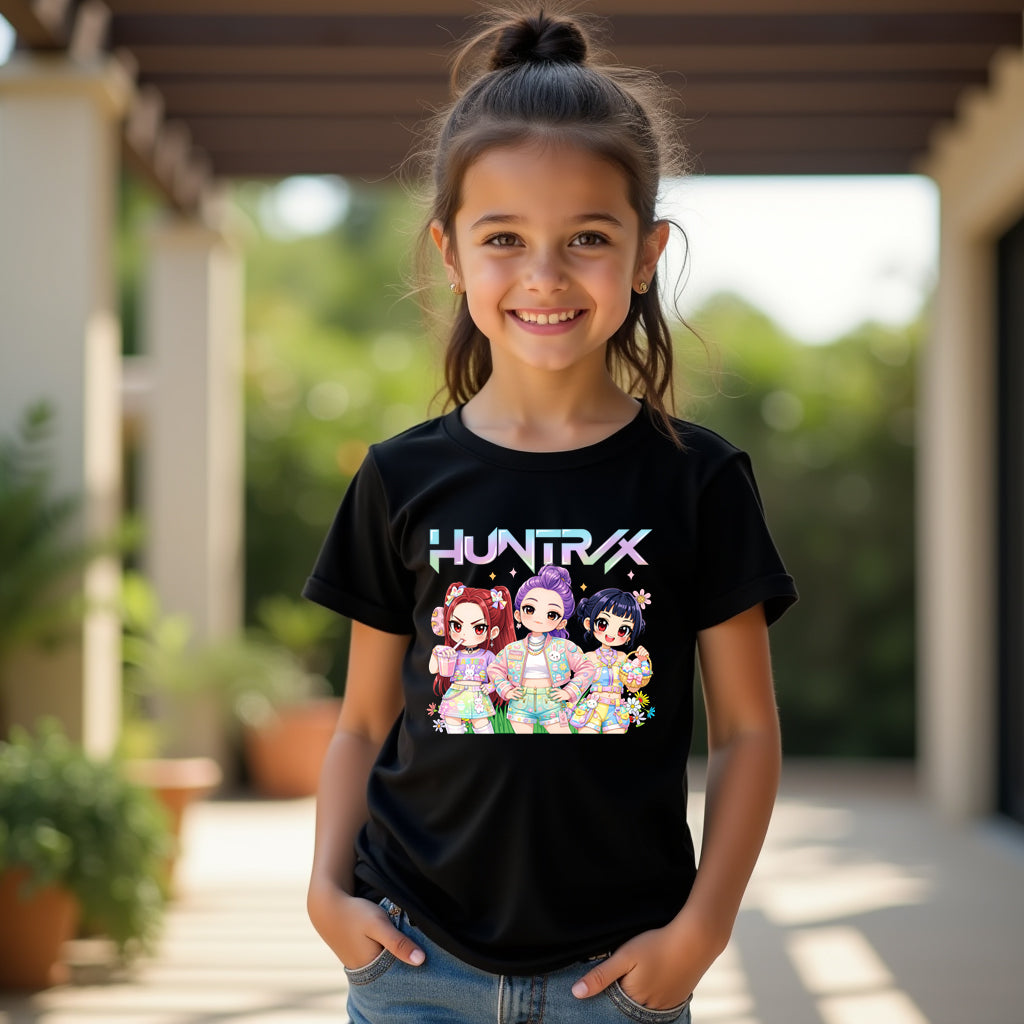 Young girl wearing a black kpop easter t-shirt with colorful graphics and text, standing outdoors.