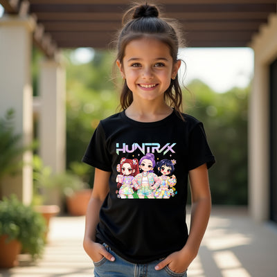 Young girl wearing a black kpop easter t-shirt with colorful graphics and text, standing outdoors.
