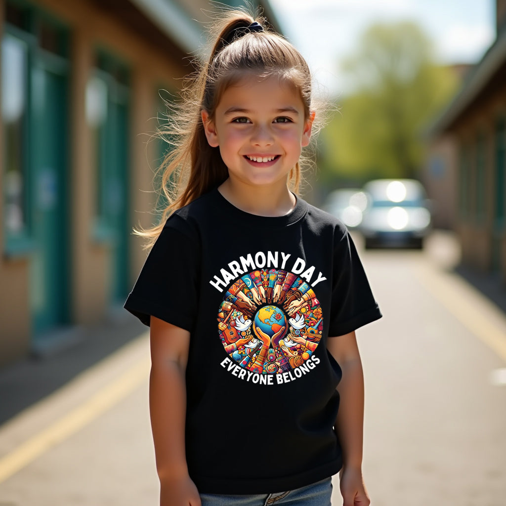 Child wearing a black t-shirt with 'Harmony Day Everyone Belongs' design outdoors.