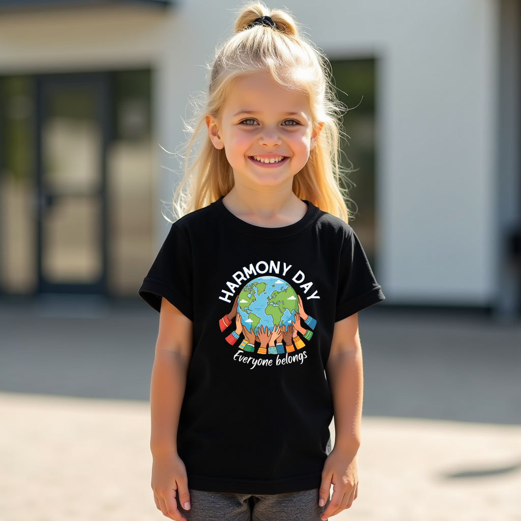 Young girl wearing a black t-shirt with 'Harmony Day' design, standing outdoors.