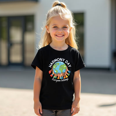 Young girl wearing a black t-shirt with 'Harmony Day' design, standing outdoors.