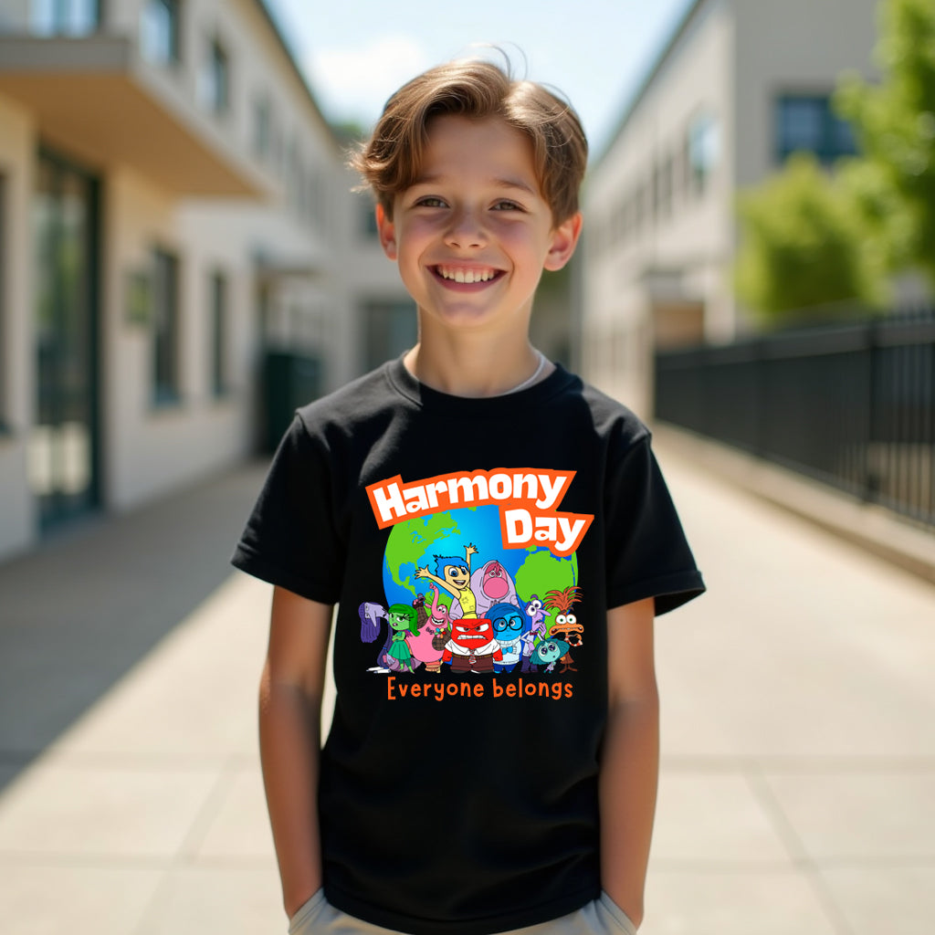 Child wearing a black t-shirt with 'Harmony Day' design outdoors.