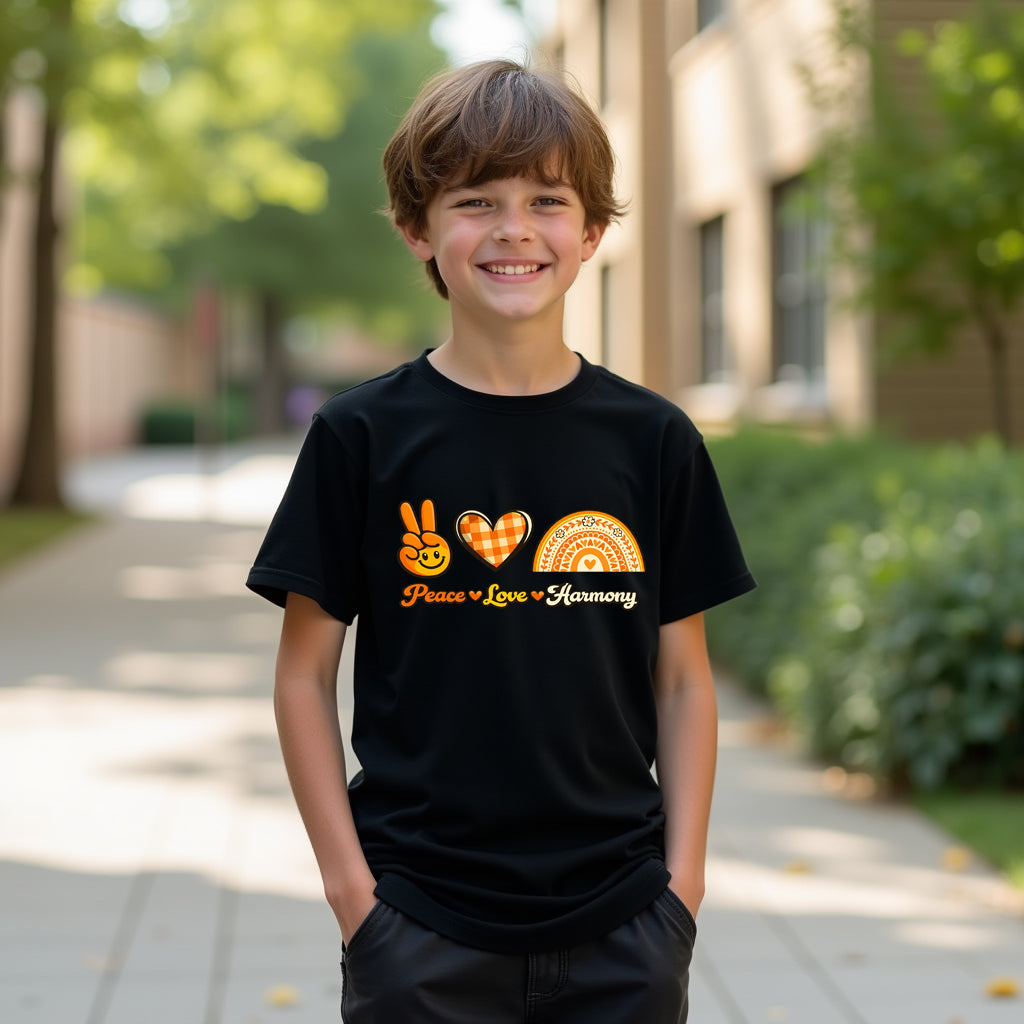 Child wearing a black t-shirt with colorful designs and text outdoors.