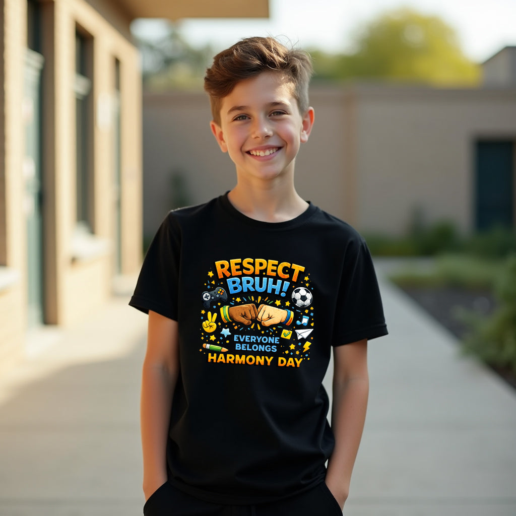 Child wearing a black t-shirt with colorful text and graphics, standing outdoors.