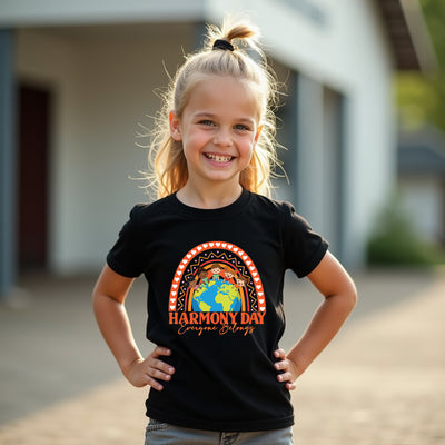 Young girl wearing a black t-shirt with 'Harmony Day Everyone Belongs' design outdoors.