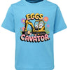 Children's blue t-shirt with a cartoon excavator and 'EGGS CAVATOR' text on a white background