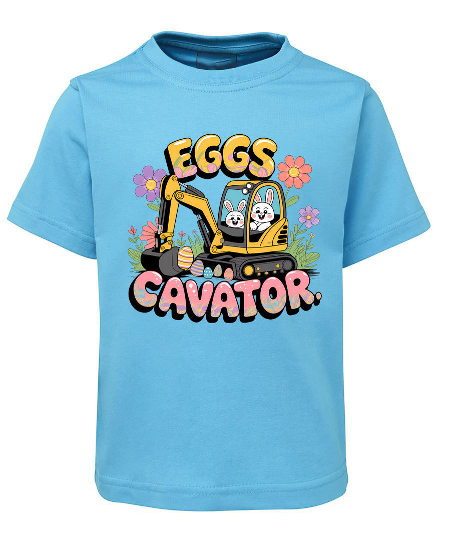 Children's blue t-shirt with a cartoon excavator and 'EGGS CAVATOR' text on a white background
