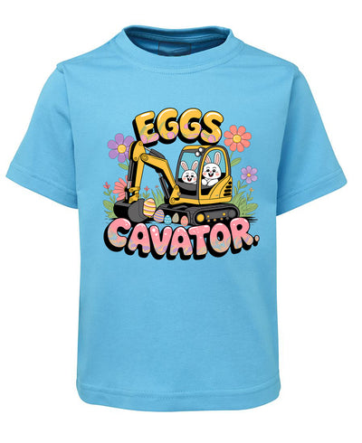Children's blue t-shirt with a cartoon excavator and 'EGGS CAVATOR' text on a white background