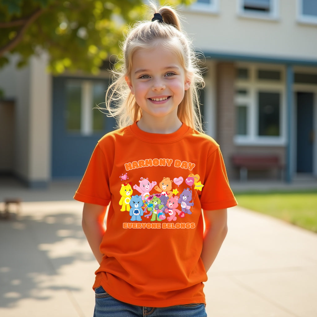 Young girl wearing an orange t-shirt with cartoon characters and text, standing outdoors.