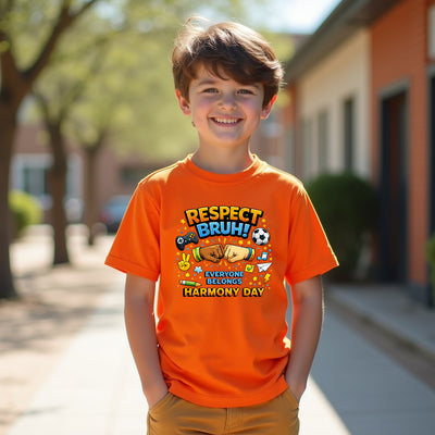 Child wearing an orange t-shirt with 'Respect Bruh! Everyone Belongs Harmony Day' design outdoors.
