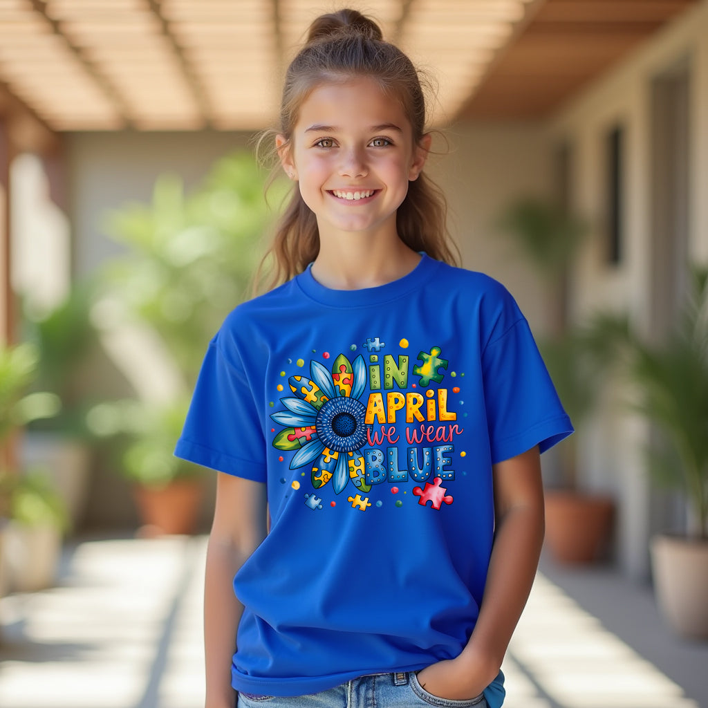 Girl wearing a blue t-shirt with colorful graphics and text, standing outdoors.