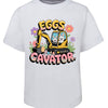 White t-shirt with 'EGGS CAVATOR' graphic featuring a bulldozer and Easter-themed design on a white background.