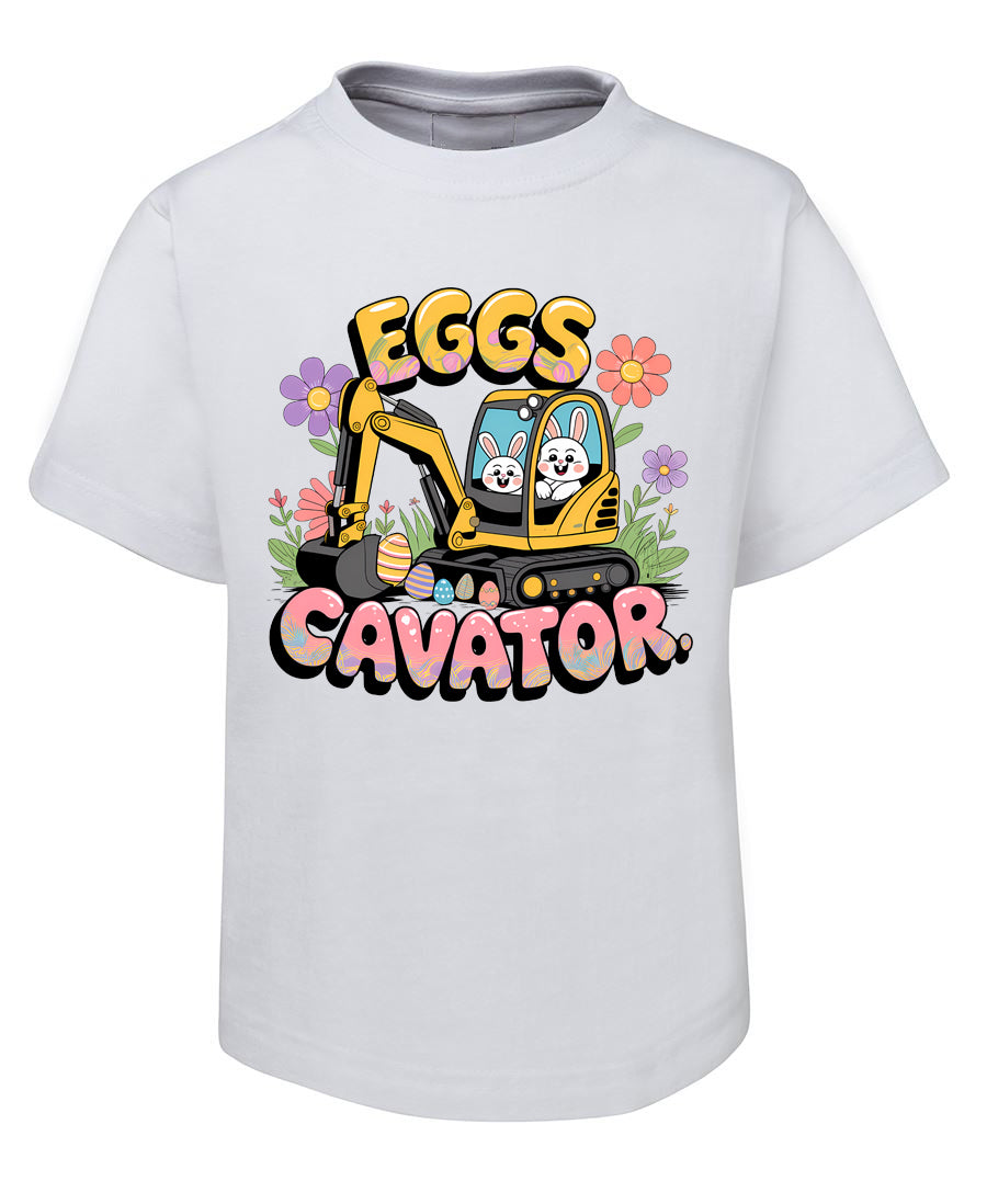 White t-shirt with 'EGGS CAVATOR' graphic featuring a bulldozer and Easter-themed design on a white background.