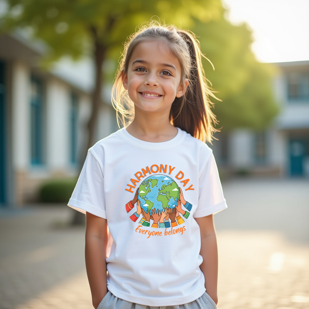 Young girl wearing a 'Harmony Day Everyone Belongs' t-shirt outdoors.
