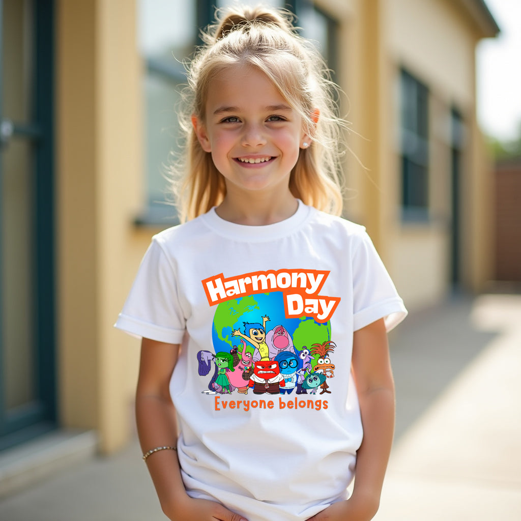 Young girl wearing a 'Harmony Day' t-shirt with colorful graphics and text.