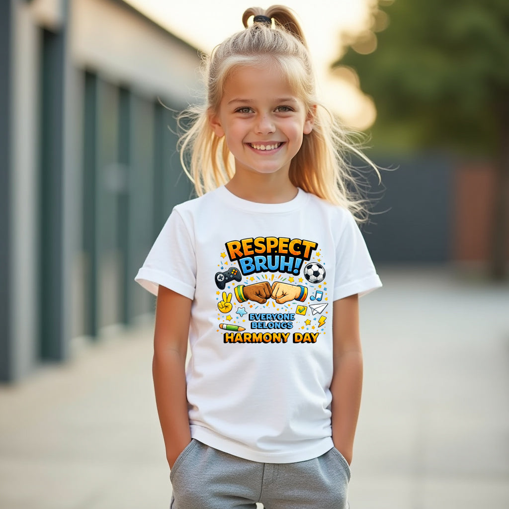 Child wearing a white t-shirt with colorful graphics and text, standing outdoors.