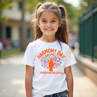 Young girl wearing a 'Harmony Day Everyone Belongs' t-shirt outdoors.