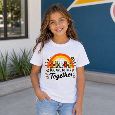 A young girl smiling outdoors wearing a white graphic t-shirt with a colorful rainbow design and the text 'WE ARE BETTER Together' in black and yellow.