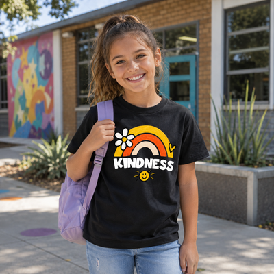 A smiling young girl stands outdoors in front of a brick building, wearing a black graphic T-shirt with a rainbow, flower, and the word 'KINDNESS' in white, paired with light blue jeans and a lavender backpack.