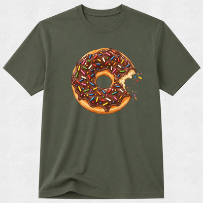 An olive green short-sleeve crewneck t-shirt featuring a graphic of a chocolate-frosted donut with colorful sprinkles and a bite taken out, displayed on a light gray textured background.