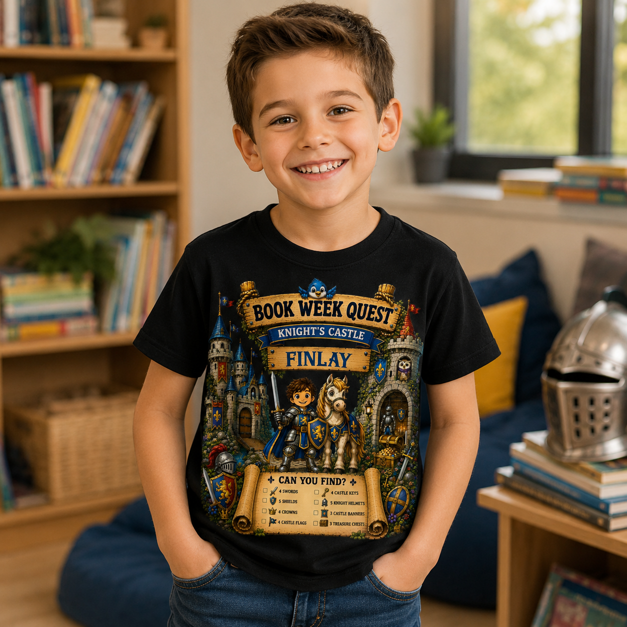 boy at school wearing book week night inspired quest can you find tshirt