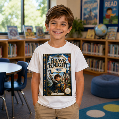 A smiling young boy stands in a bright children's library wearing a white T-shirt with a large printed cover of 'The Brave Knight' book on the front, paired with khaki pants.