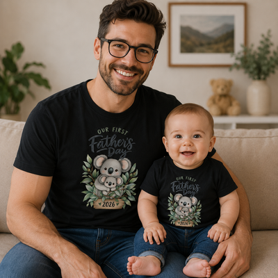 A smiling man and baby wearing matching black graphic t-shirts with a koala design and the text 'Our First Father's Day 2026', sitting together on a beige couch in a cozy living room setting.