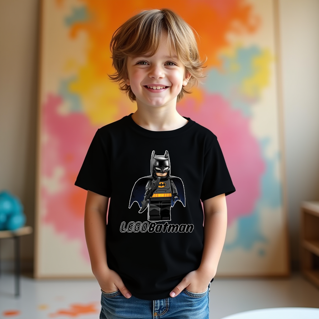  Front view of personalised Lego Batman inspired party shirt