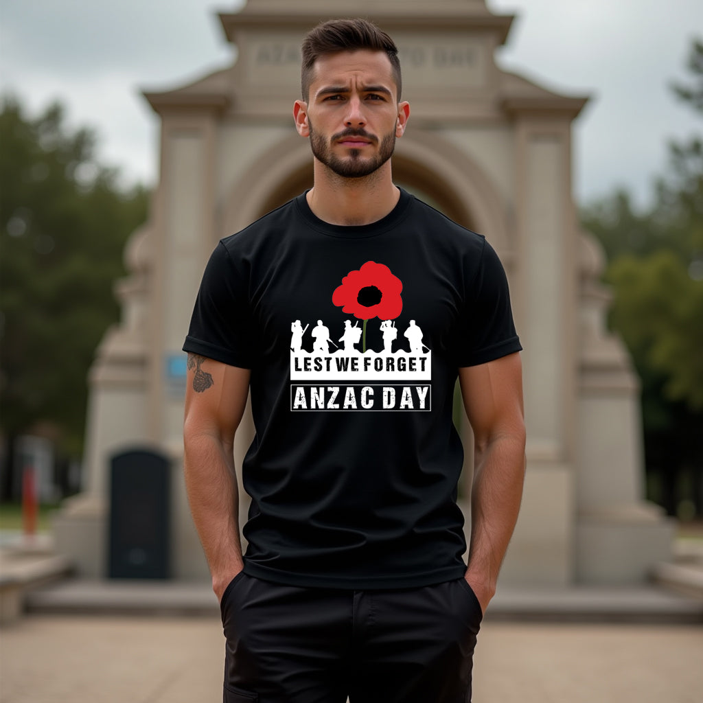 Man wearing a black t-shirt with ANZAC Day design in front of a monument.