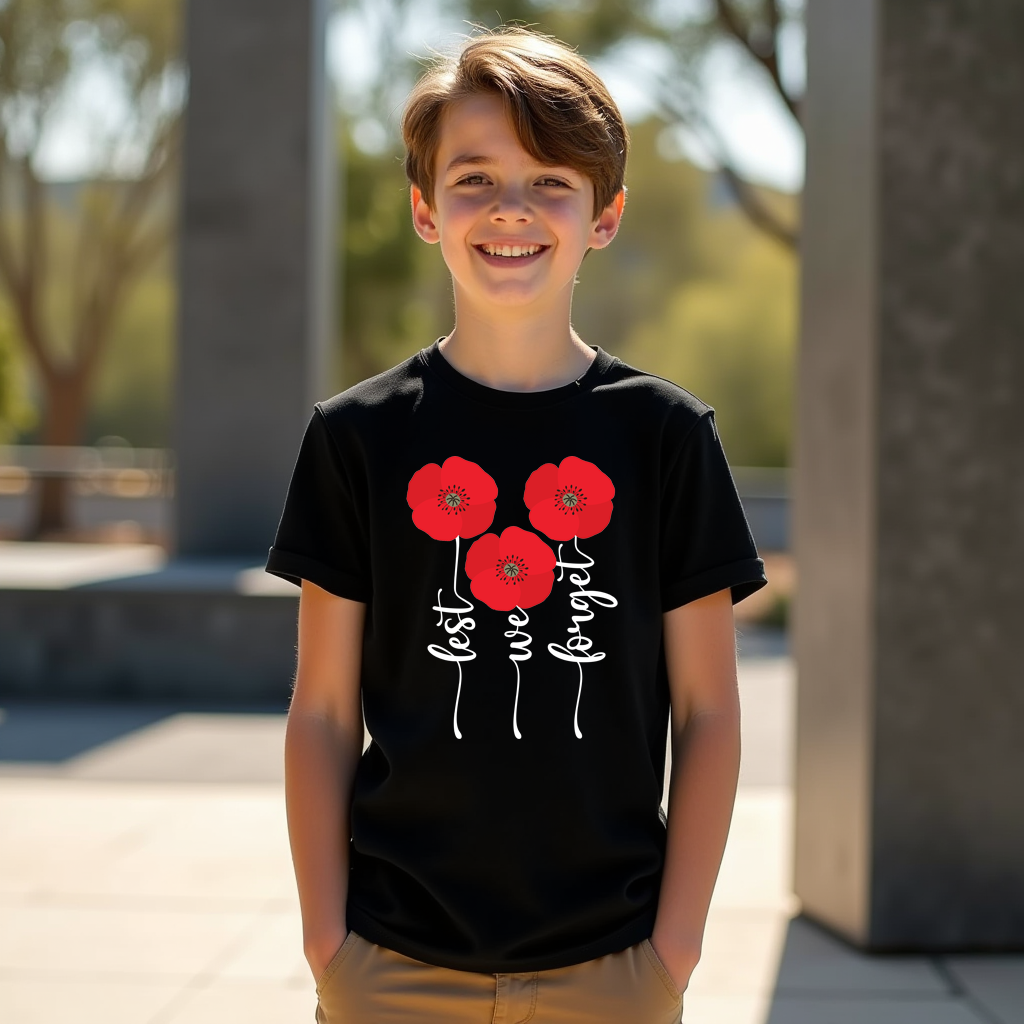 Child wearing a black t-shirt with red floral design and text outdoors
