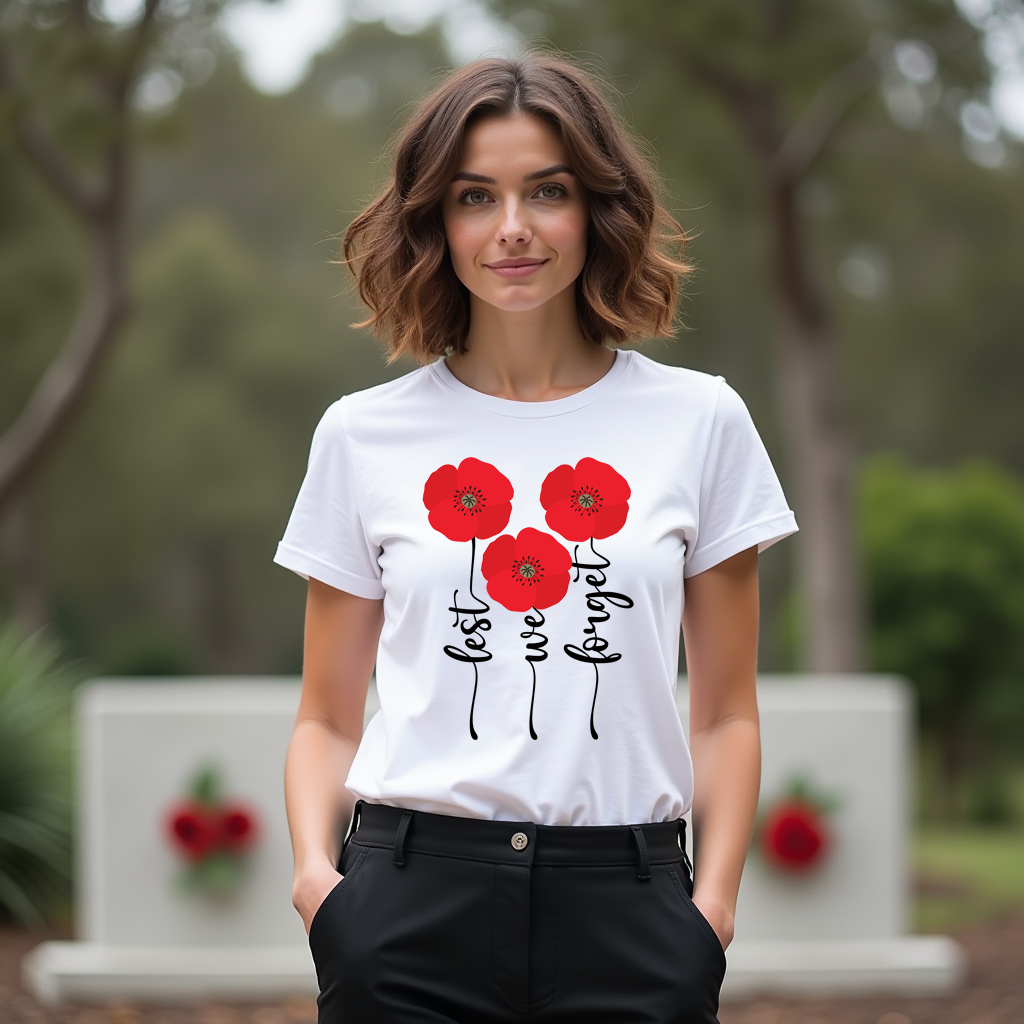 Woman wearing a white t-shirt with red poppy design reading lest we forget in a park.