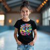 girl wearing a black 80s roller skating tshirt that reads lets roll.