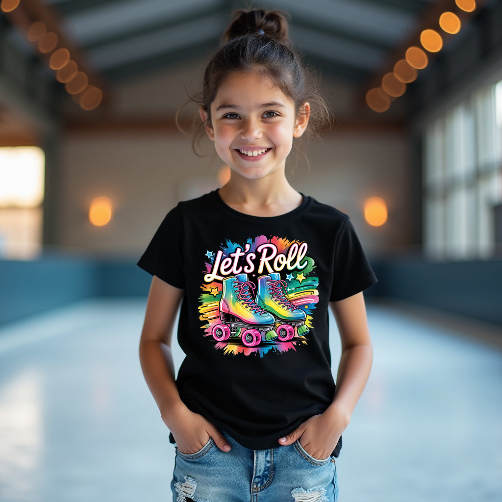 girl wearing a black 80s roller skating tshirt that reads lets roll.