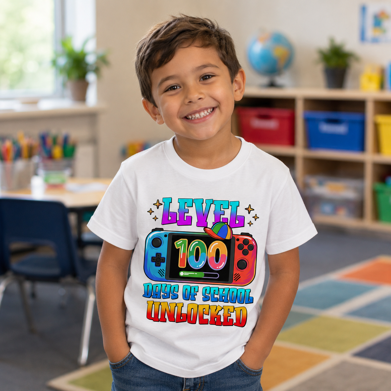 A smiling young boy wearing a white graphic t-shirt with a colorful 'LEVEL 100 DAYS OF SCHOOL UNLOCKED' design, standing in a brightly lit classroom.