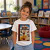 A young girl smiling in a colorful children's library, wearing a white t-shirt with a vintage-style graphic of the book 'Surf Lifesaver and Vicky' printed on the front.