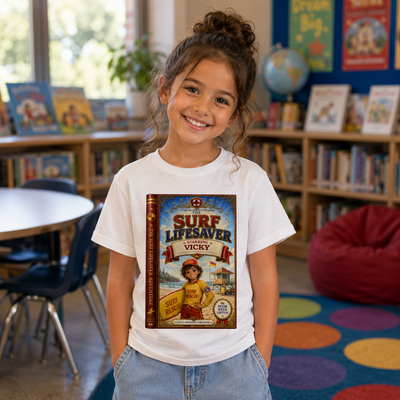 A young girl smiling in a colorful children's library, wearing a white t-shirt with a vintage-style graphic of the book 'Surf Lifesaver and Vicky' printed on the front.
