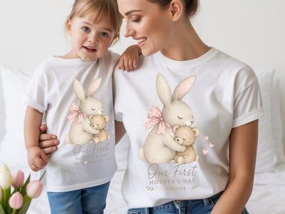 Mother and daughter wearing matching t-shirts with a bunny design on Mother's Day.