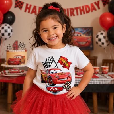 Child at a birthday party with a 'Happy Birthday' banner and balloons, wearing a shirt with a car design.