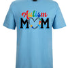Light blue t-shirt with 'Autism Mom' text and colorful design on a white background
