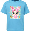 Blue t-shirt with a cartoon bunny wearing glasses and a polka dot bow, blowing a bubble, on a white background.