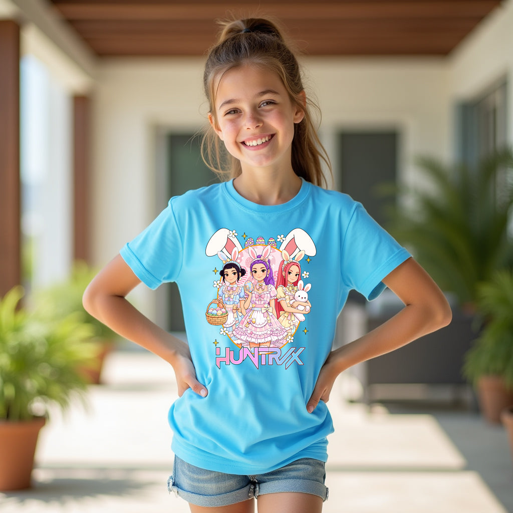 Young girl wearing a blue t-shirt with a colorful graphic design outdoors.